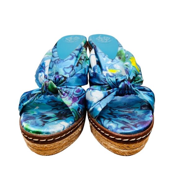 BCBG Size 8.5 Floral Satin Wedge Espadrille Sandal Jute Peep Toe Brunch Coastal - Picture 2 of 8